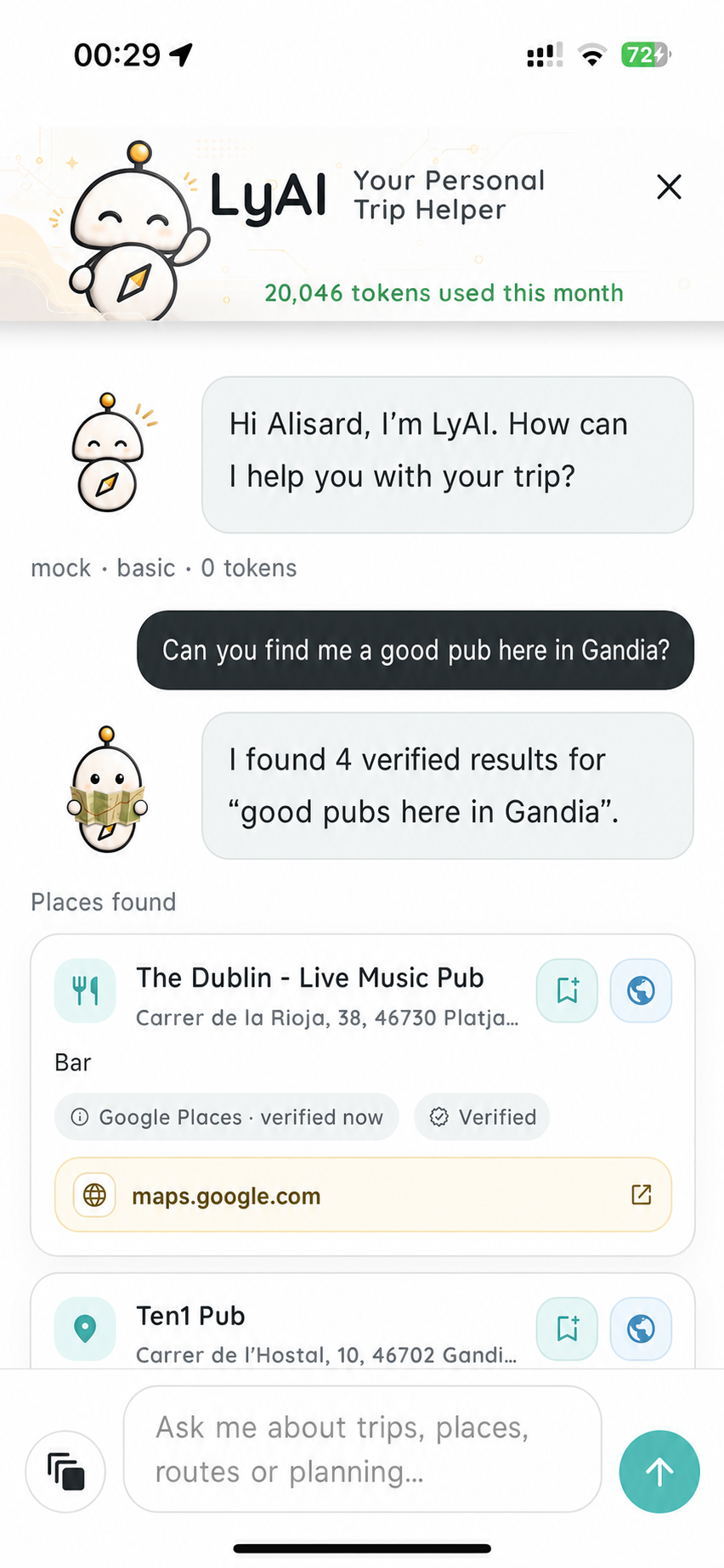 LyAI finding verified pubs in Gandia